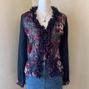 Barbara Bui ruffle floral long sleeve v-neck top, velvet and embroidery